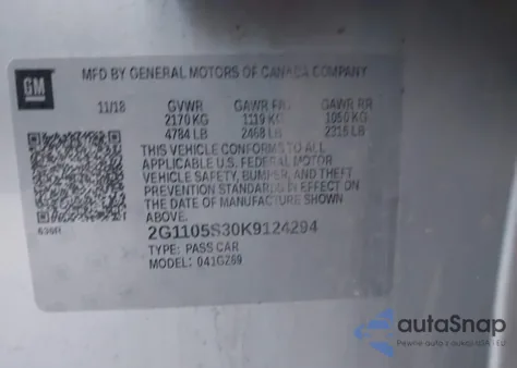 2019 Chevrolet Impala Premier from USA, damaged, VIN 2G1105S30K9124294